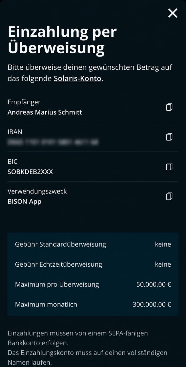 Einzahlung über 1.000 € in der Bison-App