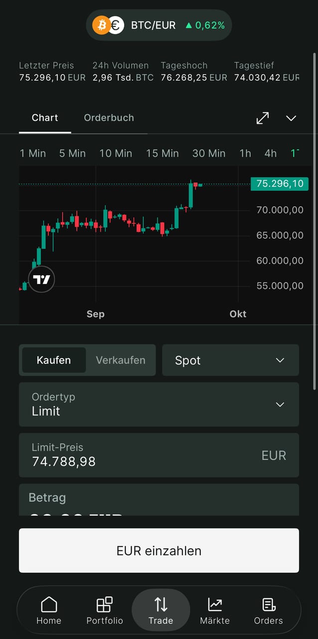 Bitpanda Fusion in der App mit der Handelsansicht