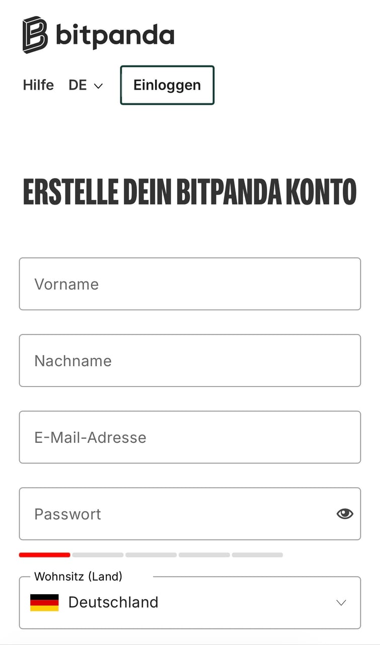 Registrierungsformular von Bitpanda, über das auch Fusion erreichbar ist