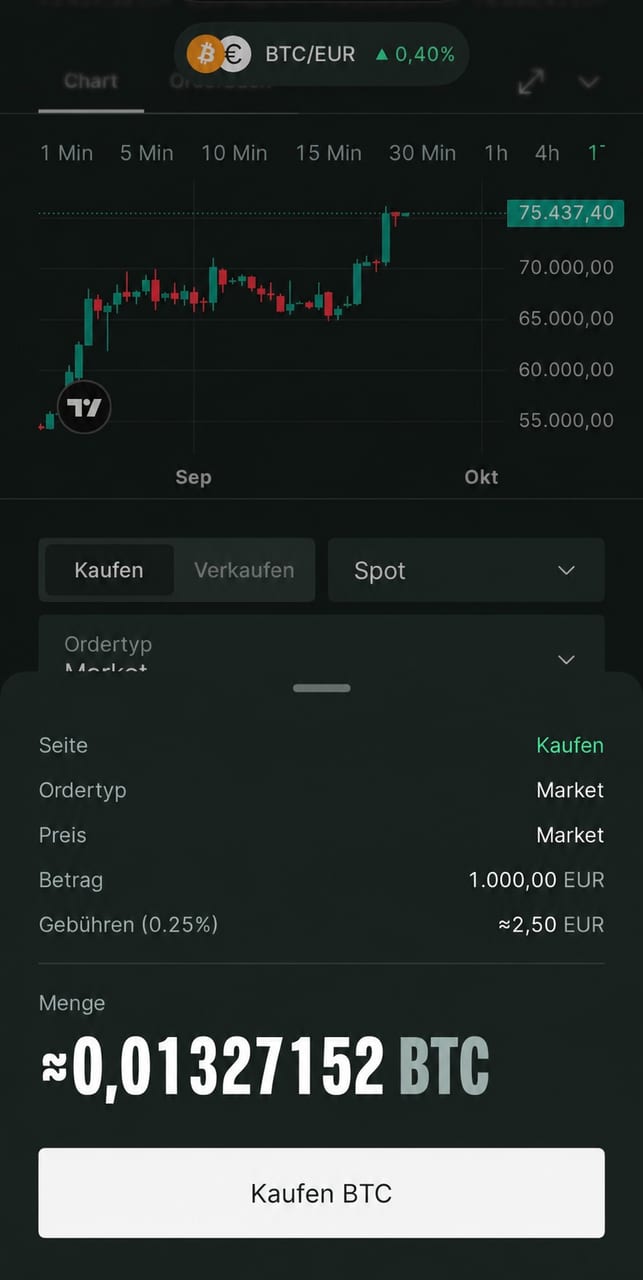 Kauf in der Bitpanda-Fusion-Handelsoberfläche mit ausgewiesener Gebühr