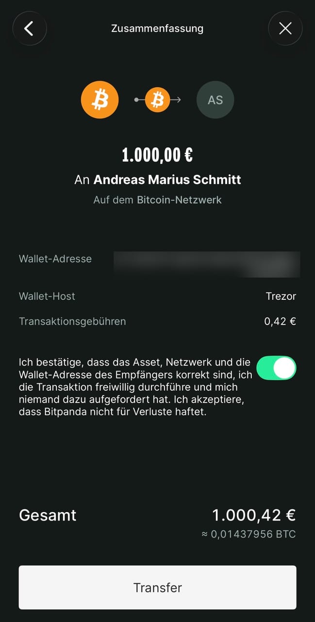 Auszahlung aus dem Bitpanda-Konto auf eine eigene Wallet