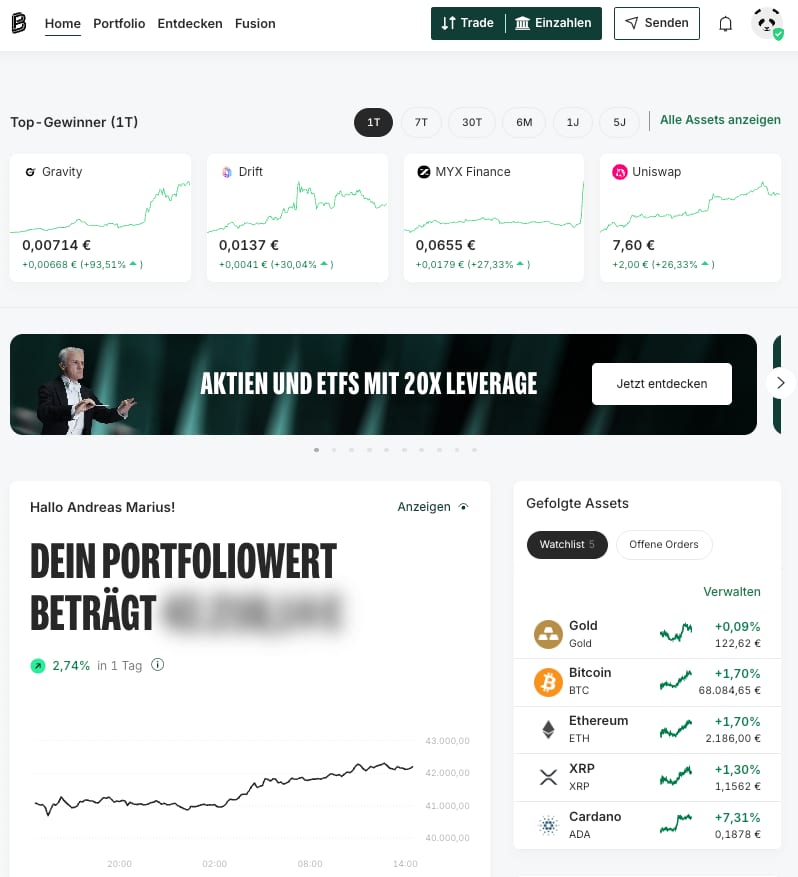 Desktop-Ansicht von Bitpanda mit Portfolioverlauf, Tagesgewinnern und der Watchlist