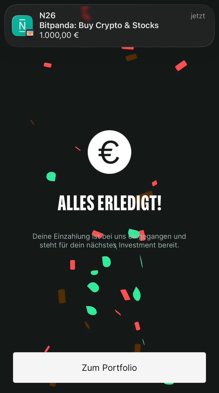Bestätigung der Bitpanda-App, dass die Einzahlung über 1.000 € eingegangen ist