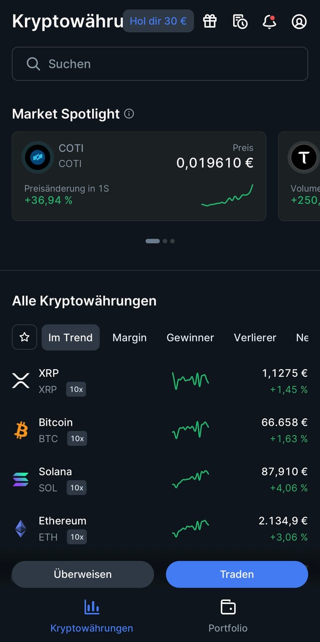 Startansicht der Bitvavo-App mit der Kursliste aller Kryptowährungen