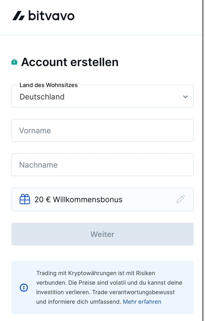 Registrierungsformular von Bitvavo mit Auswahl des Wohnsitzlandes und Willkommensbonus