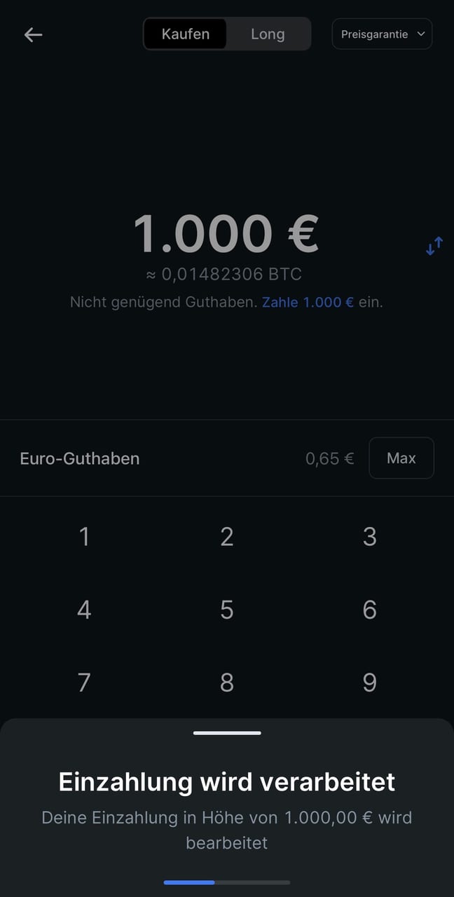 Bitvavo-App mit der Meldung, dass die Einzahlung über 1.000 € verarbeitet wird