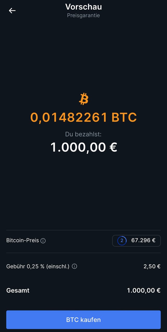 Kaufvorschau der Bitvavo-App mit Bitcoin-Preis, ausgewiesener Gebühr und Gesamtbetrag