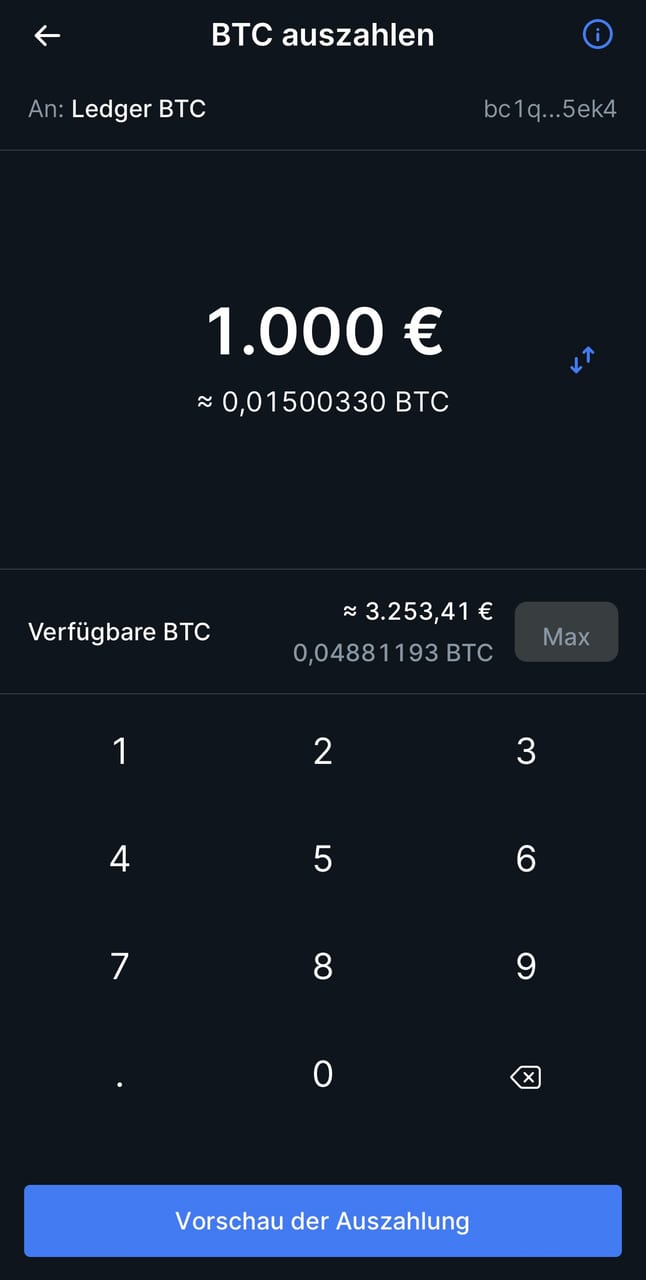 Auszahlungsmaske der Bitvavo-App mit einer eigenen Wallet als Ziel