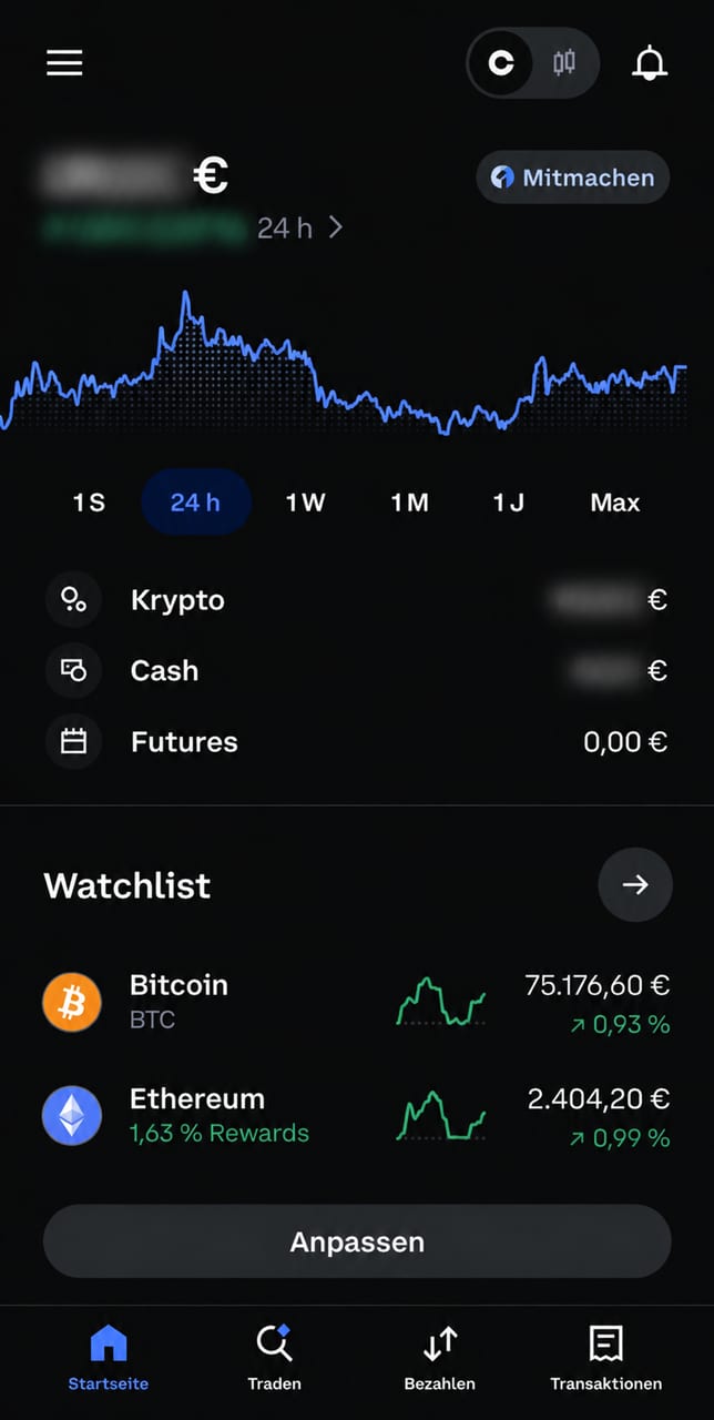 Coinbase-App mit der Traden-Ansicht
