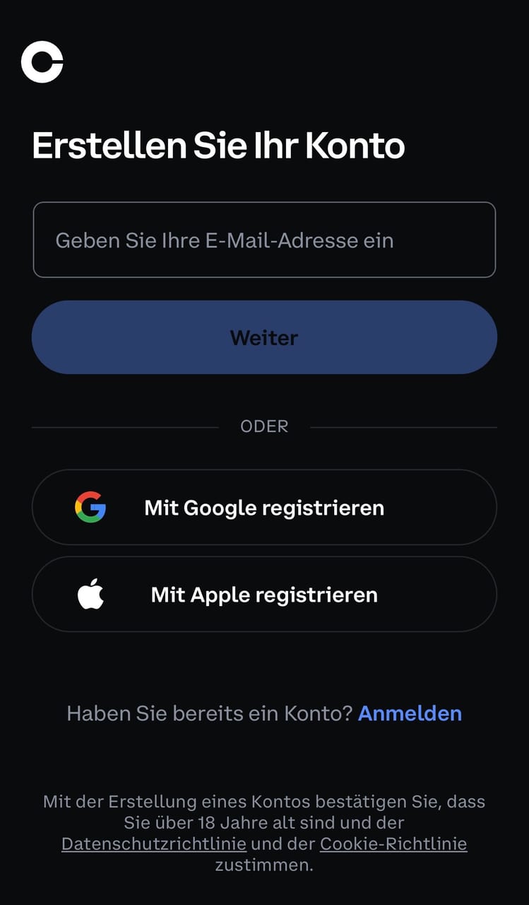Registrierung bei Coinbase
