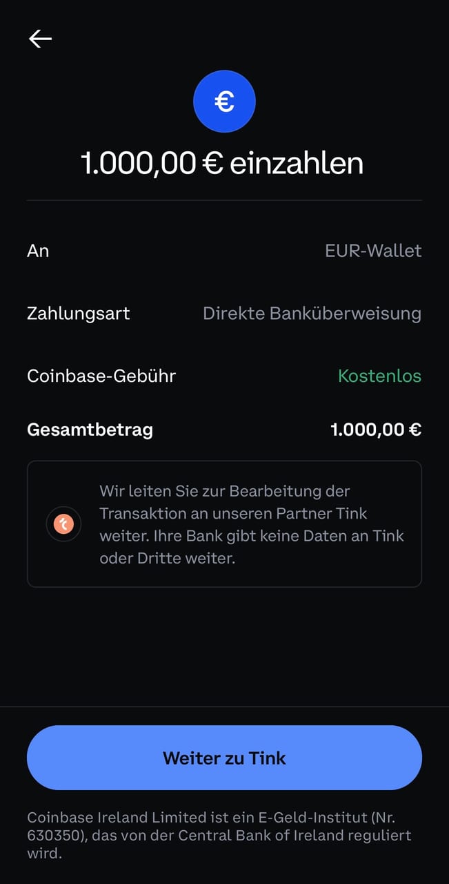 Einzahlung in der Coinbase-App
