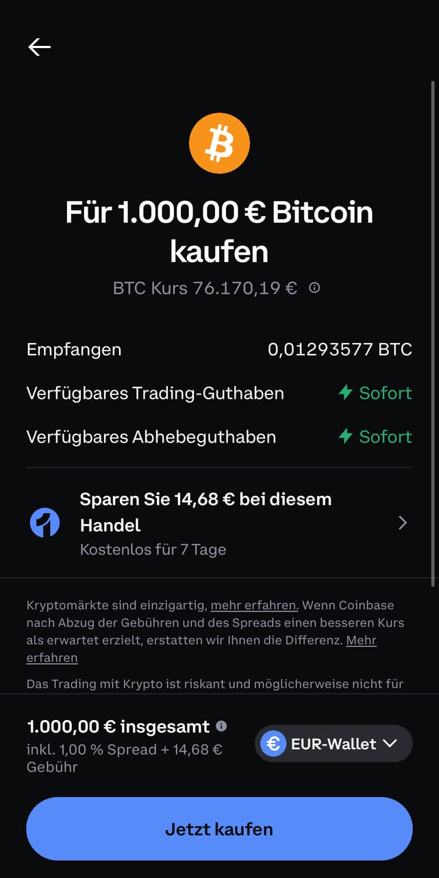 Kaufvorschau der Coinbase-App
