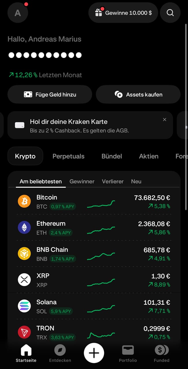 Kraken-App mit der Liste der beliebtesten Kryptowährungen