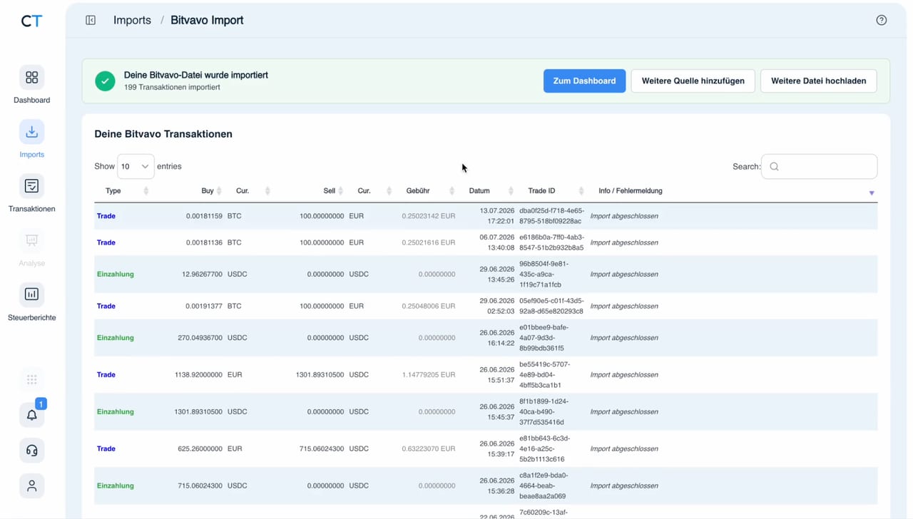 Abgeschlossener Transaktionsimport in CoinTracking