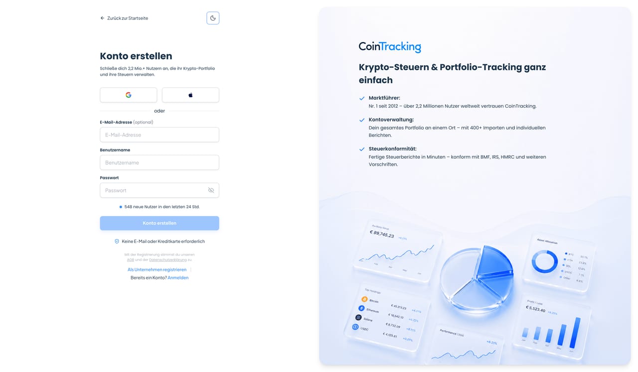 CoinTracking Registrierung mit Benutzername und Passwort