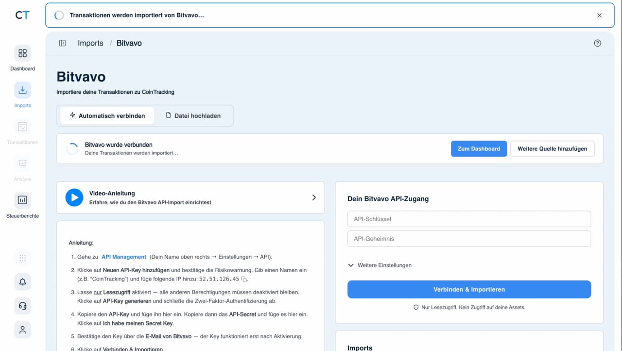 CoinTracking verbindet eine Krypto-Börse per API-Schlüssel