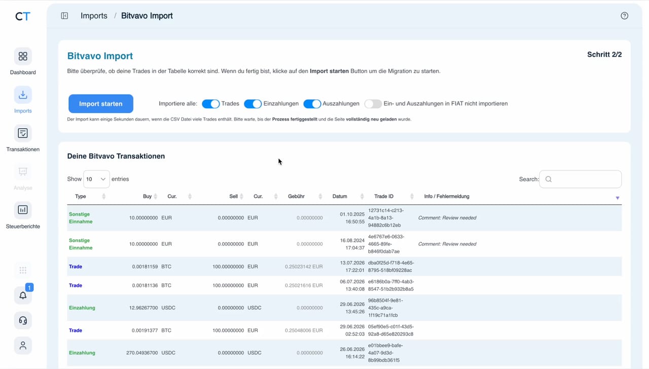 Importvorschau in CoinTracking mit Trades, Ein- und Auszahlungen