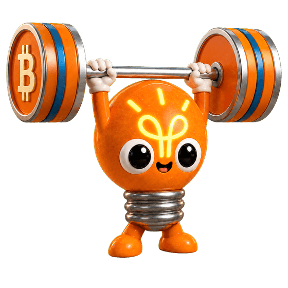 Lighty stemmt eine Hantel, deren Gewichte das Bitcoin-Zeichen tragen.