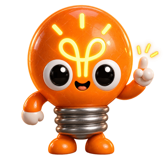 Lighty, eine orange Glühbirne mit Armen, Beinen und großen Augen, hebt den Zeigefinger.