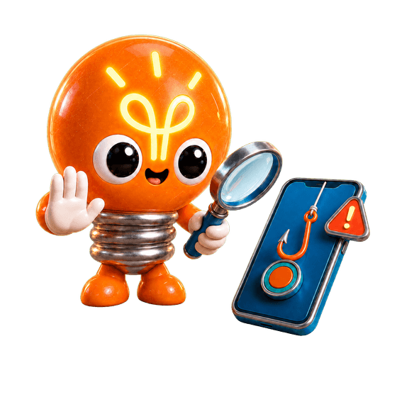 Lighty hebt abwehrend die Hand und hält eine Lupe vor ein Handy mit Phishing-Warnung.
